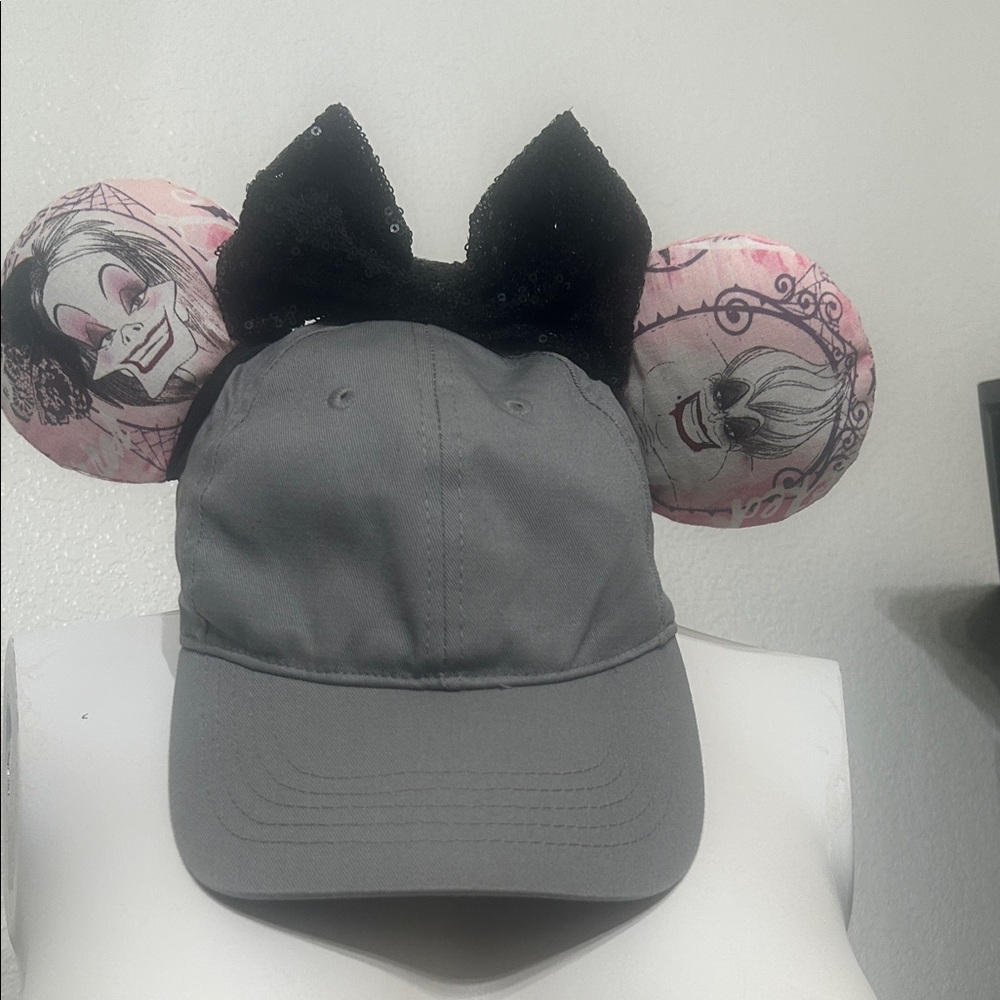 Disney Curella De Vil & Ursula Gray Baseball Cap Ear Accents and Black Bow